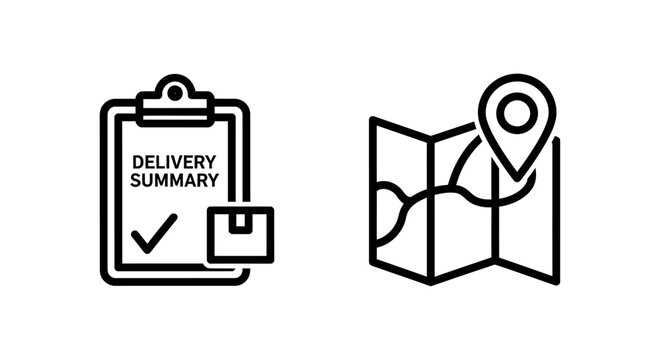 Delivery summary checklist and global map location icons with delivery, location