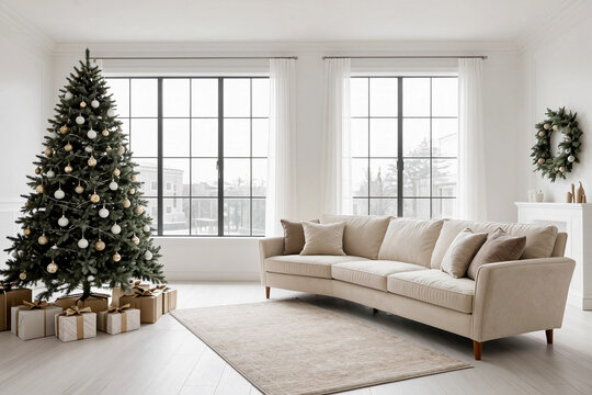 Large white living room with a vintage sofa and a large Christmas tree with gifts and large panoramic windows.
