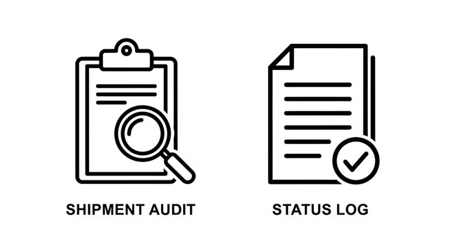 Shipment audit and status log line icons with logistics shipping delivery