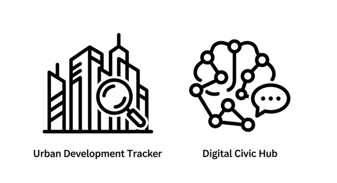 Urban development tracker and digital civic hub icons with development, planning