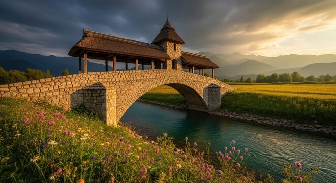Small stone footbridge with a roofed walkway spans a river
