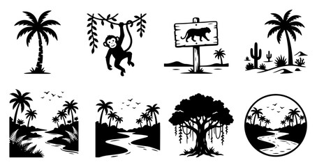 Wild jungle animals and tropical nature landscape silhouettes, monkey climbing a vine and african safari scenery with trees © Nayan