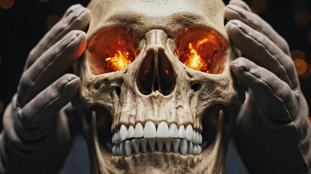 A close-up of a human skull with burning eyes, held by a pair of gloved hands in a dark environment.