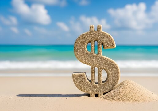 A dollar sign made of sand on a beach with a blue sky