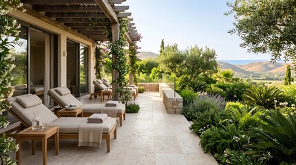 Fototapeta premium Luxury villa terrace with sun loungers overlooking a serene Mediterranean landscape at sunset, ideal for travel and relaxation themes.