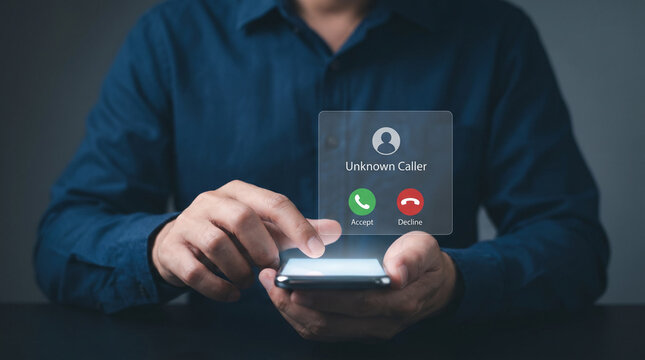 Unknown caller on smartphone, symbolizing phone security, privacy risk, spam call, and digital communication.