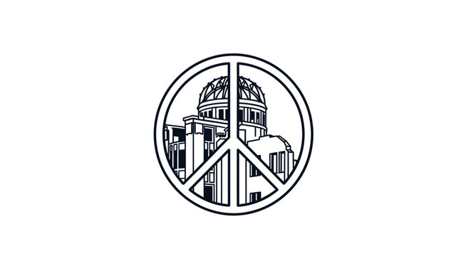 Peace sign with building inside circle.