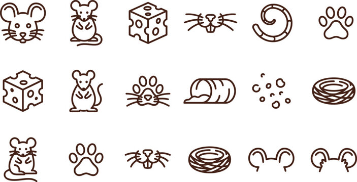 Mouse icon set featuring cute rodents cheese slices animal paw prints and various decorative outline elements