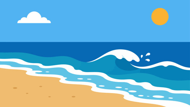 A vibrant and colorful illustration depicting a serene beach scene with gentle waves crashing on the shore under a clear blue sky with a bright sun and a fluffy cloud