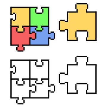 Set editable pixel puzzle jigzaw vector. Ideal for web interfaces, symbolizing digital problem solving, gaming challenges, tech connections, and retro logic games.