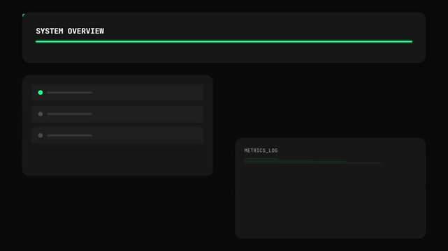 System Overview Interface with Progress Bar and Data Display on Dark Background.