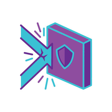Breakthrough resistance icon, arrow piercing shield wall, overcoming obstacles concept, productivity workshop, growth mindset training session, vector illustration design