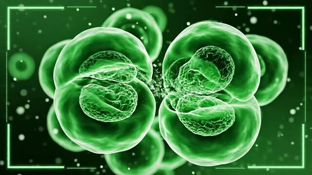 Microscopic view of dividing green cells in a laboratory setting with glowing details.
