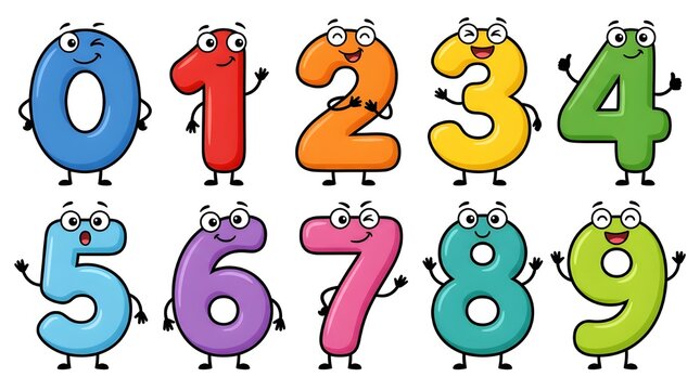 Colorful digits 0&ndash;9 feature playful faces, bright personalities, and cheerful classroom-ready vector learning design.