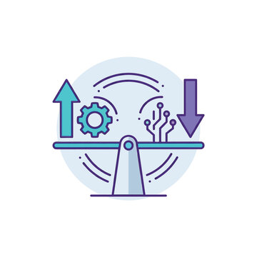 Flow balance control icon, inflow outflow on pivot, throughput regulation workshop, operations efficiency session, process stabilization tools, improvement, vector illustration