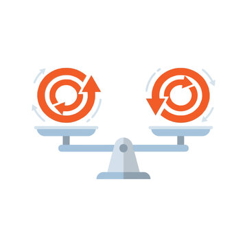 Dual feedback loops icon, synchronized cycles on balance, systems thinking workshop, iterative improvement session, organization model, strategy planning, vector illustration