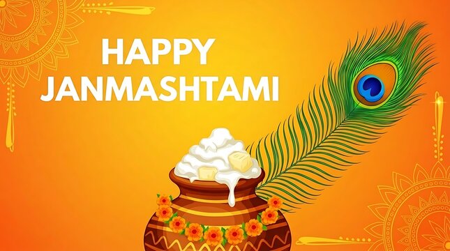 Happy janmashtami greeting with makhan matki and peacock feather on orange background, janmashtami