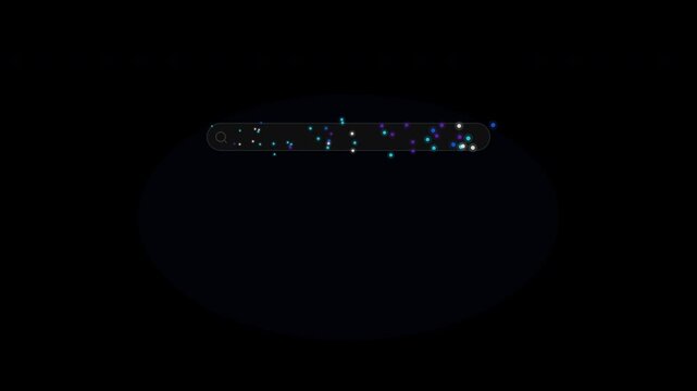 Suitable for web design, technology concepts, searching themes. Engaging, pixelated glow effects on search bar, a dark aesthetic.