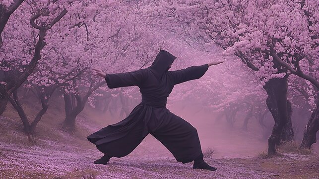 Ninja warrior performing a martial arts pose in a beautiful park filled with blooming pink cherry blossom trees in spring