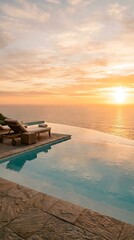 Obraz premium Luxury infinity pool overlooking ocean sunset with lounge chairs perfect for vacation relaxation and travel destination