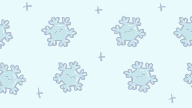 Cute Hand Drawn Blue Snowflakes with Smiling Faces Seamless Looping Animation Background on Light Blue in Childlike Pencil Doodle Style