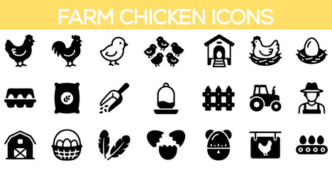 Farm chicken and poultry farming icon collection. black line icons for agriculture including hen house and feeding equipment © Nayan