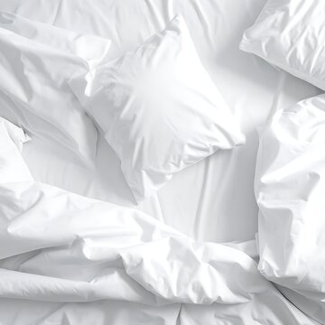 Messy rumpled white bed sheets pillows.