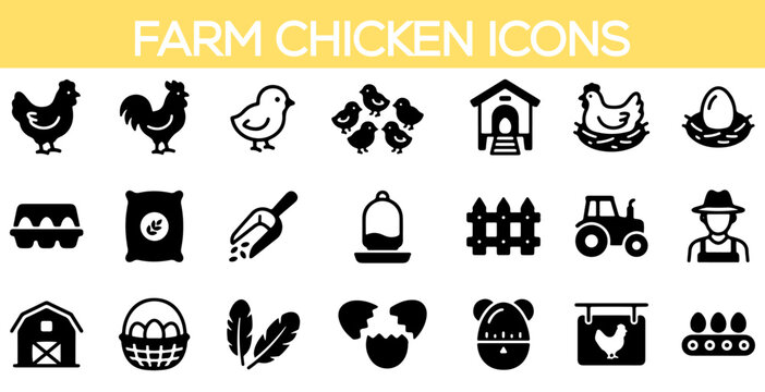 Farm chicken and poultry farming icon collection. black line icons for agriculture including hen house and feeding equipment