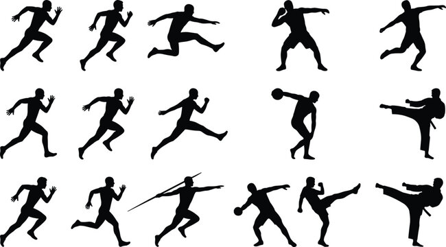 Athlete Silhouette Collection with Running Jumping Throwing and Martial Arts Sports Action Vector Set