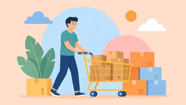 Flat Design Man Pushing Shopping Cart Filled With Many Packages and Boxes