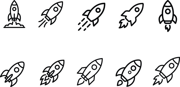 Minimal rocket launch outline icons &ndash; spacecraft vector bundle.