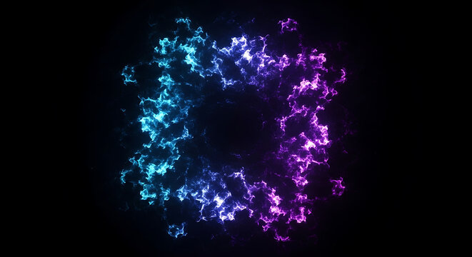 Square formation of glowing particles in neon blue and purple colors with particles formation abstract technology background movement electric ethereal glowstick gradient illumination