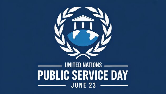 United nations public service day june 23 logo design with globe and laurel wreath on blue background