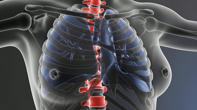A detailed illustration of a human torso with highlighted red spine and ribs visible.
