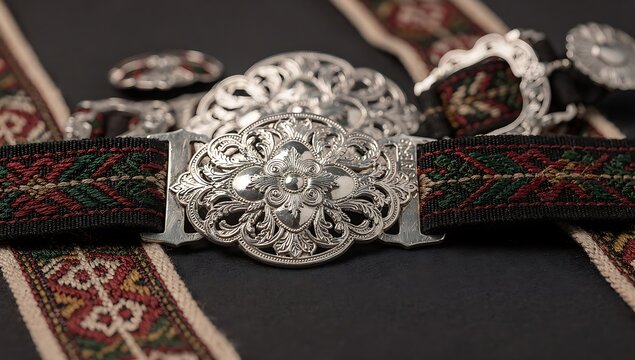 Intricate silver brooch and belt buckle on traditional Norwegian bunad textile