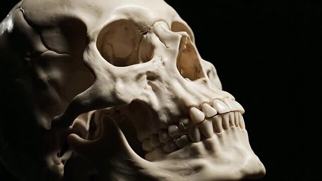 A close-up view of a human skull against a dark background