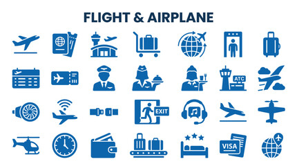 Collection of modern blue icons representing air travel, aviation services, and airport operations for digital and print design © Iconique Studio