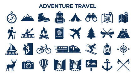 Fototapeta premium Adventure Travel Icons Set Featuring Outdoor Activities and Transportation Methods for Exploration and Journey Concepts