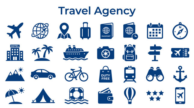 Collection of travel and transportation icons representing a journey vacation and global exploration with essential travel planning elements for tourism and adventure