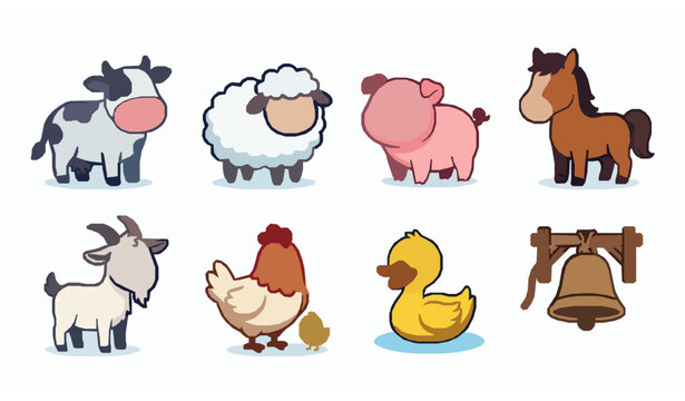 Cute farm animal vector icons cow pig sheep duck collection
