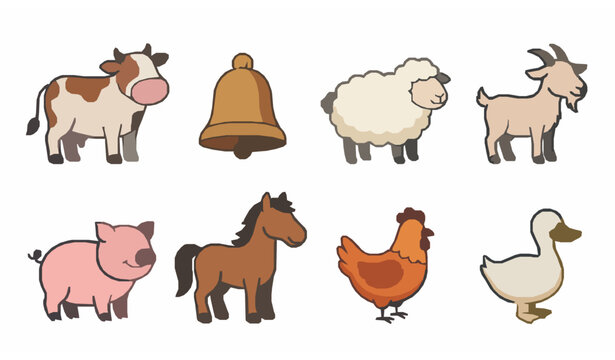Farm animal icons vector set cow sheep pig horse chicken duck