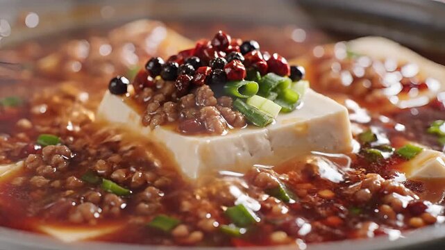Delicious Mapo Tofu with Minced Pork and Scallions in Spicy Sauce.