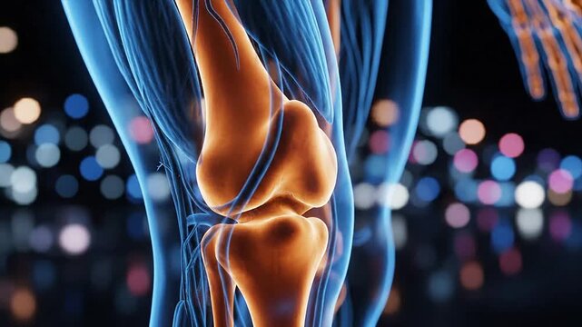 The human knee joint anatomy glows with blue veins and orange bones against a blurred cityscape at night.