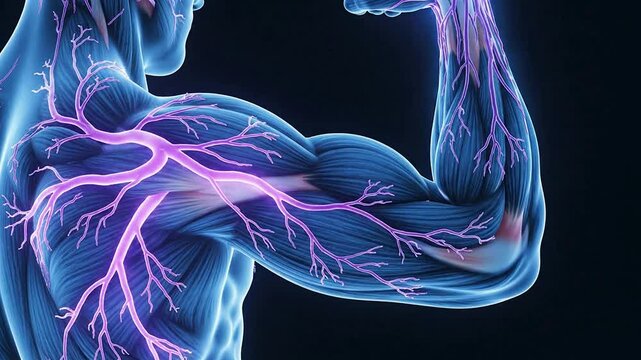 A muscular man flexes his arm showing visible veins and arteries under the skin.