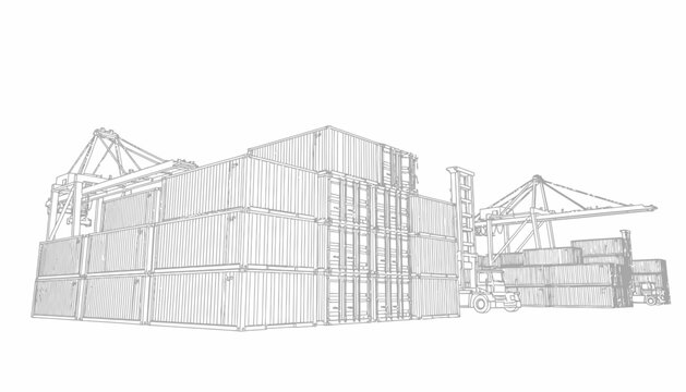 Technical wireframe drawing of a commercial shipping port terminal featuring multiple stacked freight containers, industrial gantry cranes, and a cargo reach stacker vehicle.