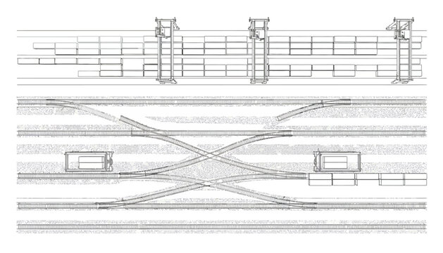 Bird's-eye view technical illustration of a freight terminal showing rail tracks, switching junctions, gantry cranes, shipping containers, and cargo wagons in a blueprint style.