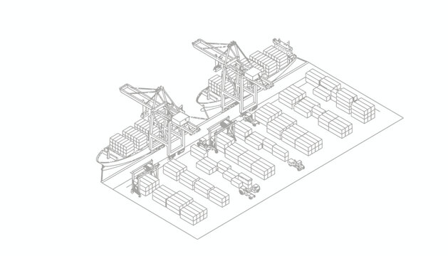 Isometric black and white line art illustration of a commercial shipping port terminal with two container ships docked under large gantry cranes and stacked freight cargo boxes.