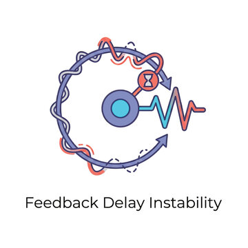 Feedback delay instability icon, circular control loop, time lag waveform, systems thinking seminar, product engineering session, operations workshop vector illustration