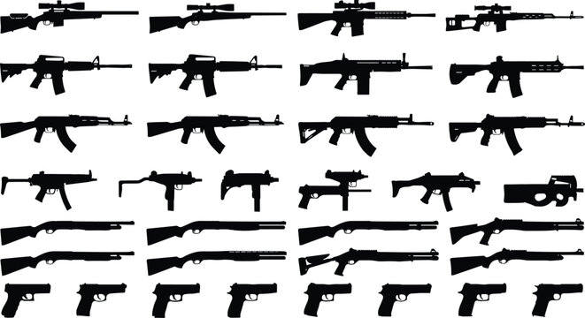 Collection of firearm silhouette vectors featuring rifles shotguns pistols and tactical weapon icons isolated on background