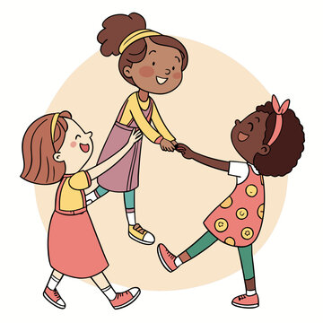 Three cute little girls dancing in circle indoor.
